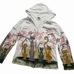 Jess & Jane Meow Meow Cat Kitten Full Zip Hoodie Kitty Lover Rhinestones Sz.M